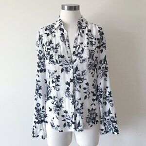 White house black market silk blouse silk shirt floral black white button down